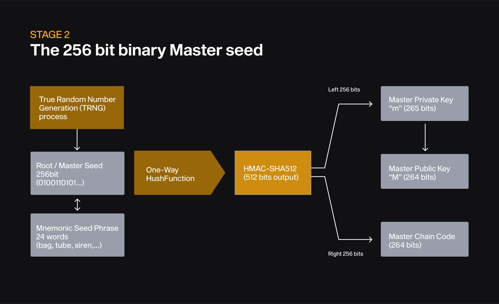 Flow diagram: the 256-bit master seed maps to a 24-word mnemonic and is hashed by HMAC-SHA512 into the master keys