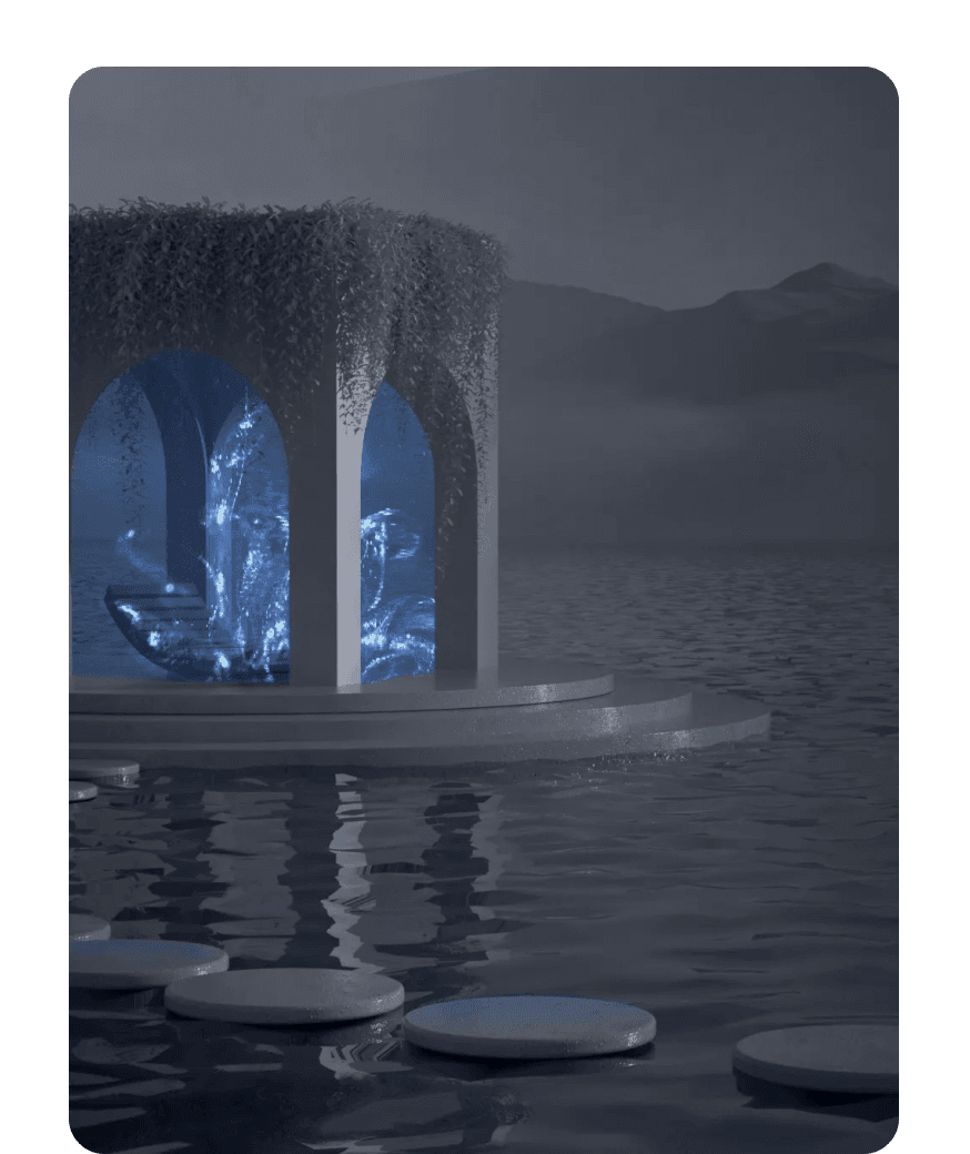Dreamlike 3D artwork of a vine-covered pavilion on dark water with a glowing blue sculpture and stepping stones
