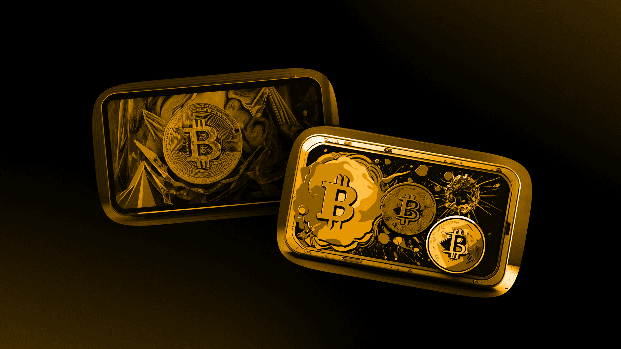 Illustration of two gold-toned hardware wallet screens filled with Bitcoin coins