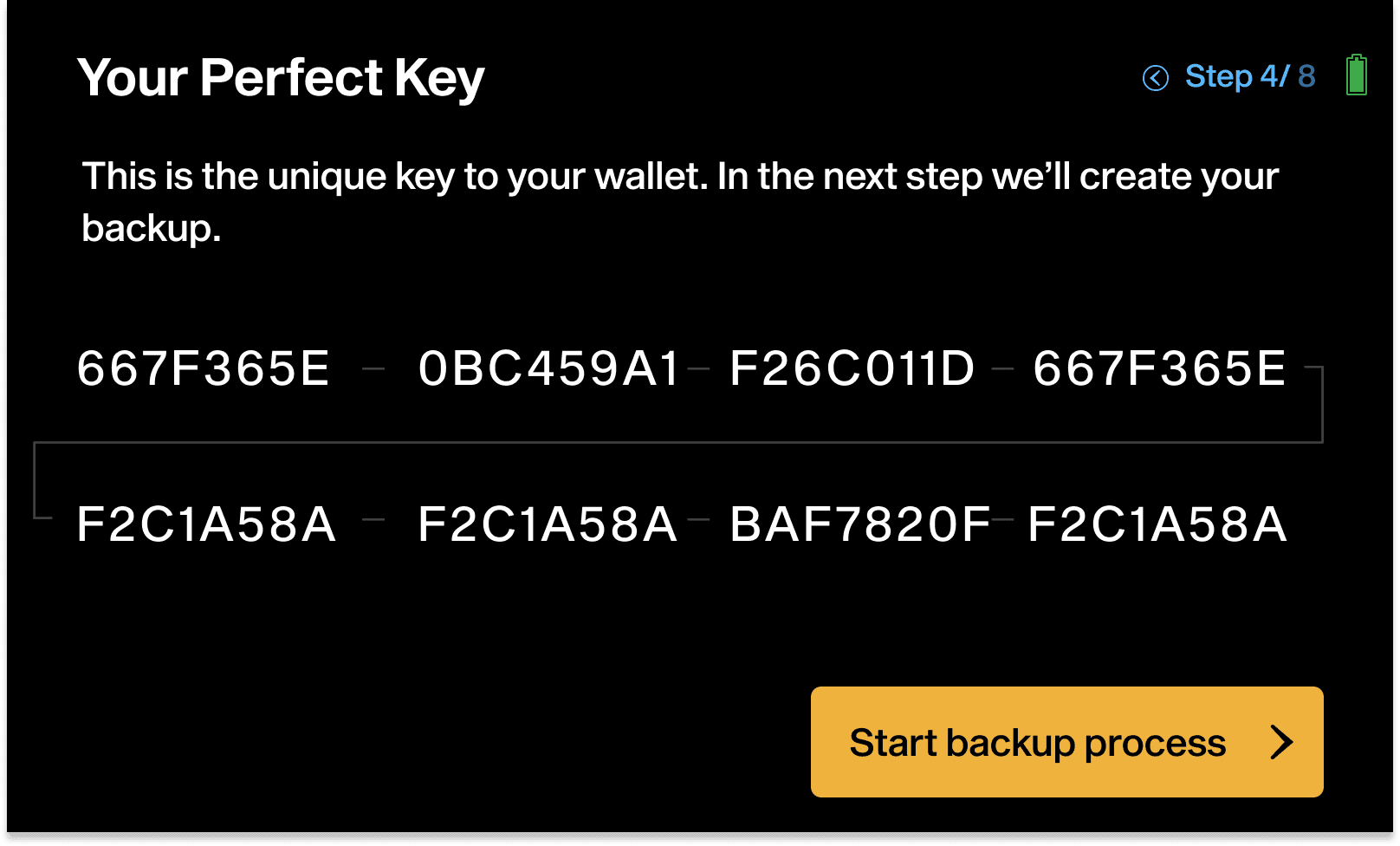 Device screen showing your Perfect Key as hexadecimal blocks, with a button to start the backup process