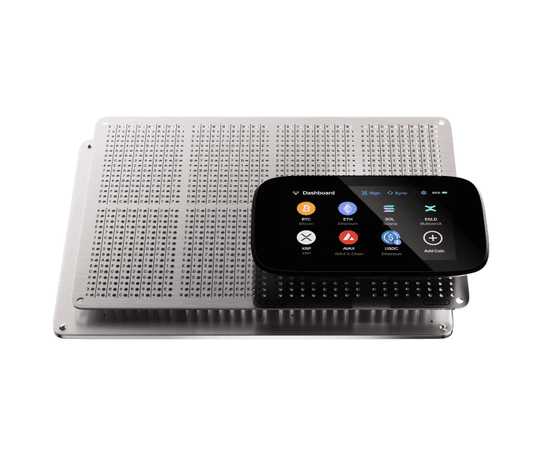 NGRAVE ZERO hardware wallet resting on GRAPHENE steel backup plates