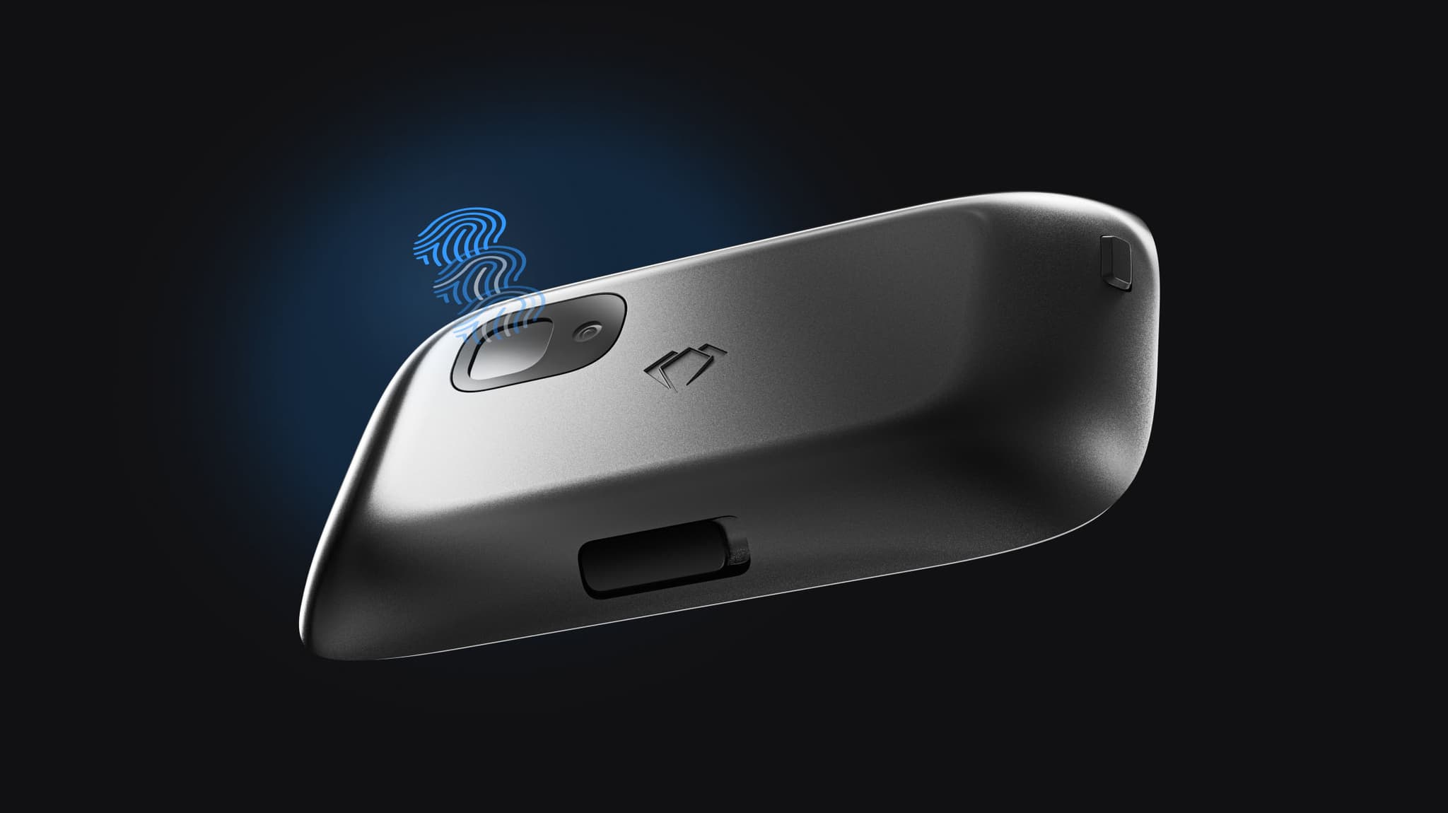 Back of the NGRAVE ZERO with a glowing fingerprint icon over its fingerprint sensor