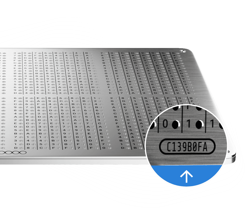 GRAPHENE plate with a magnified view of its engraved recovery code C139B0FA