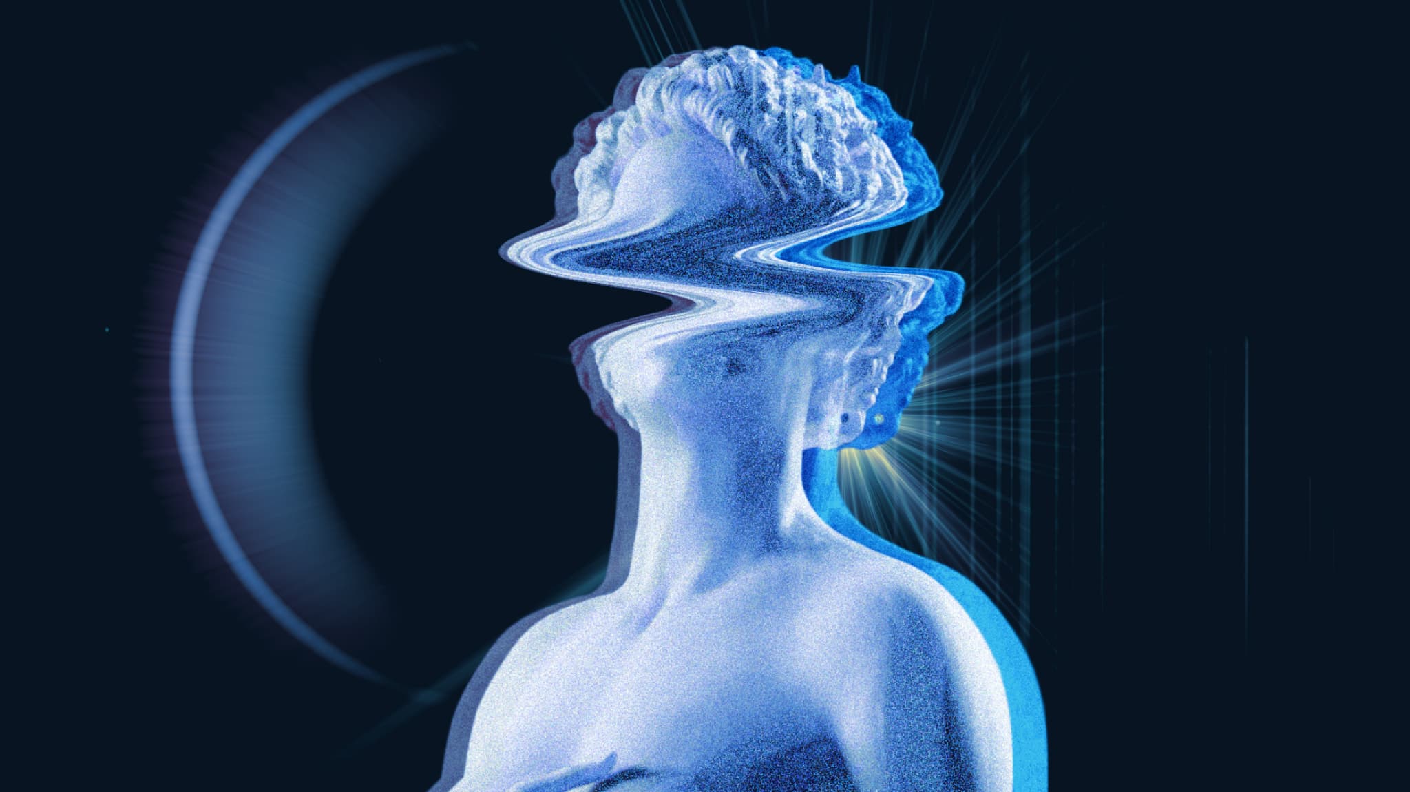 Classical statue bust with a glitched, distorted face against a blue background