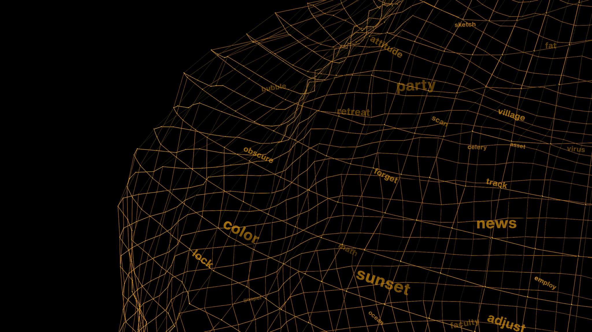 Gold wireframe globe covered in random seed-phrase words like party, sunset and news