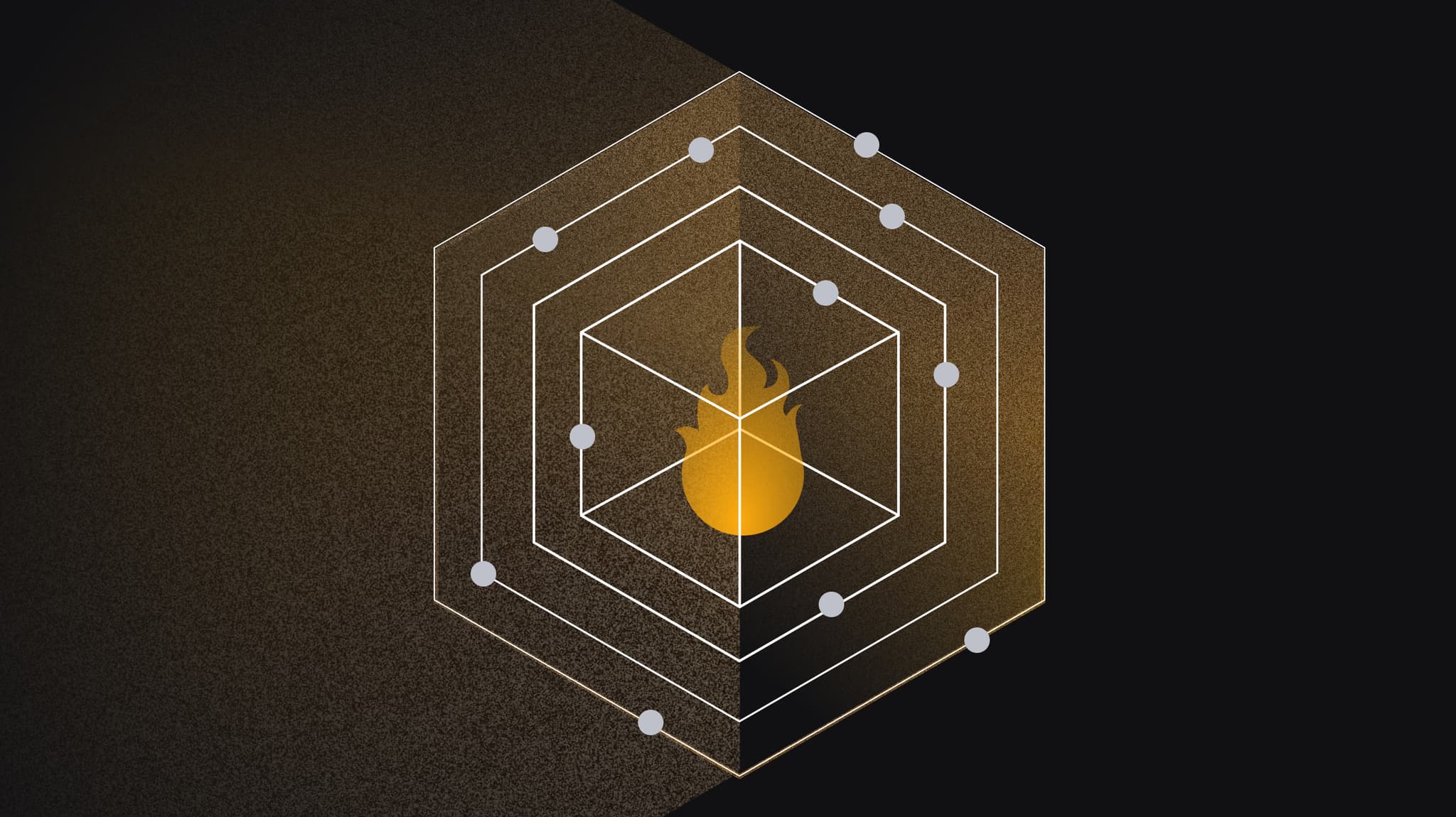 Flame inside nested gold hexagons, illustrating an internet-connected hot wallet