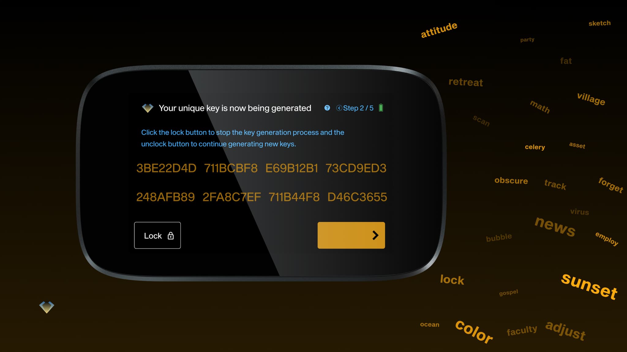 NGRAVE ZERO screen generating a unique key (step 2 of 5), surrounded by floating mnemonic words