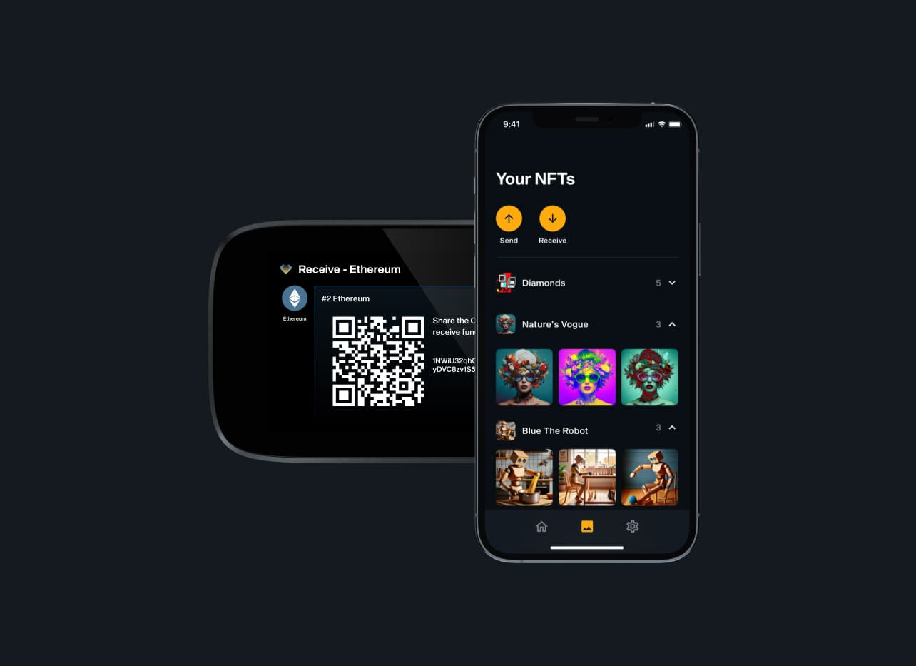 NGRAVE ZERO showing a Receive Ethereum QR code beside the LIQUID app's Your NFTs screen