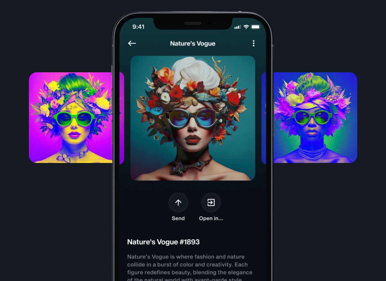 LIQUID app showing the Nature's Vogue #1893 NFT with Send and Open in buttons