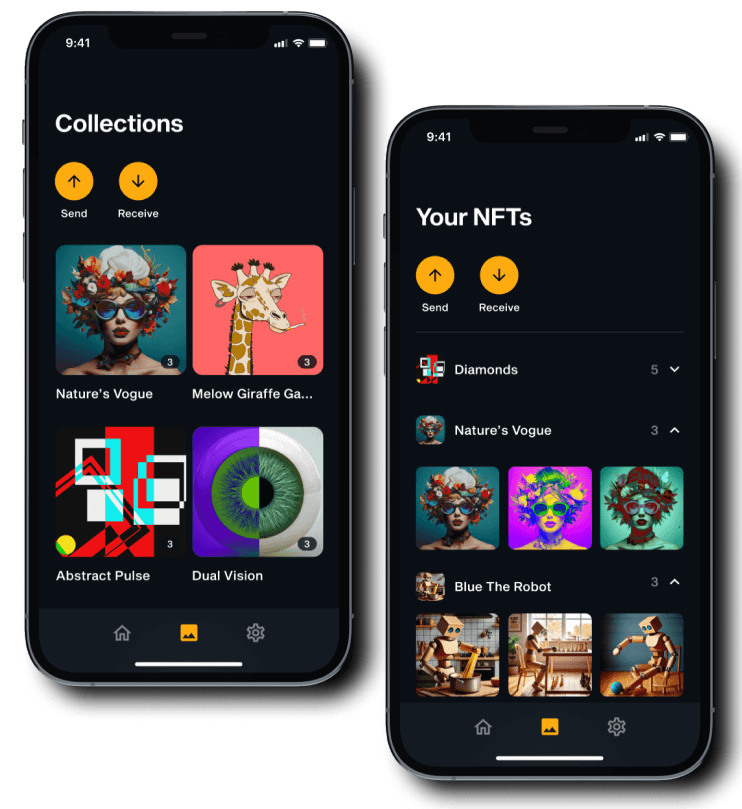 LIQUID app on two phones showing NFT collections and the Your NFTs screen