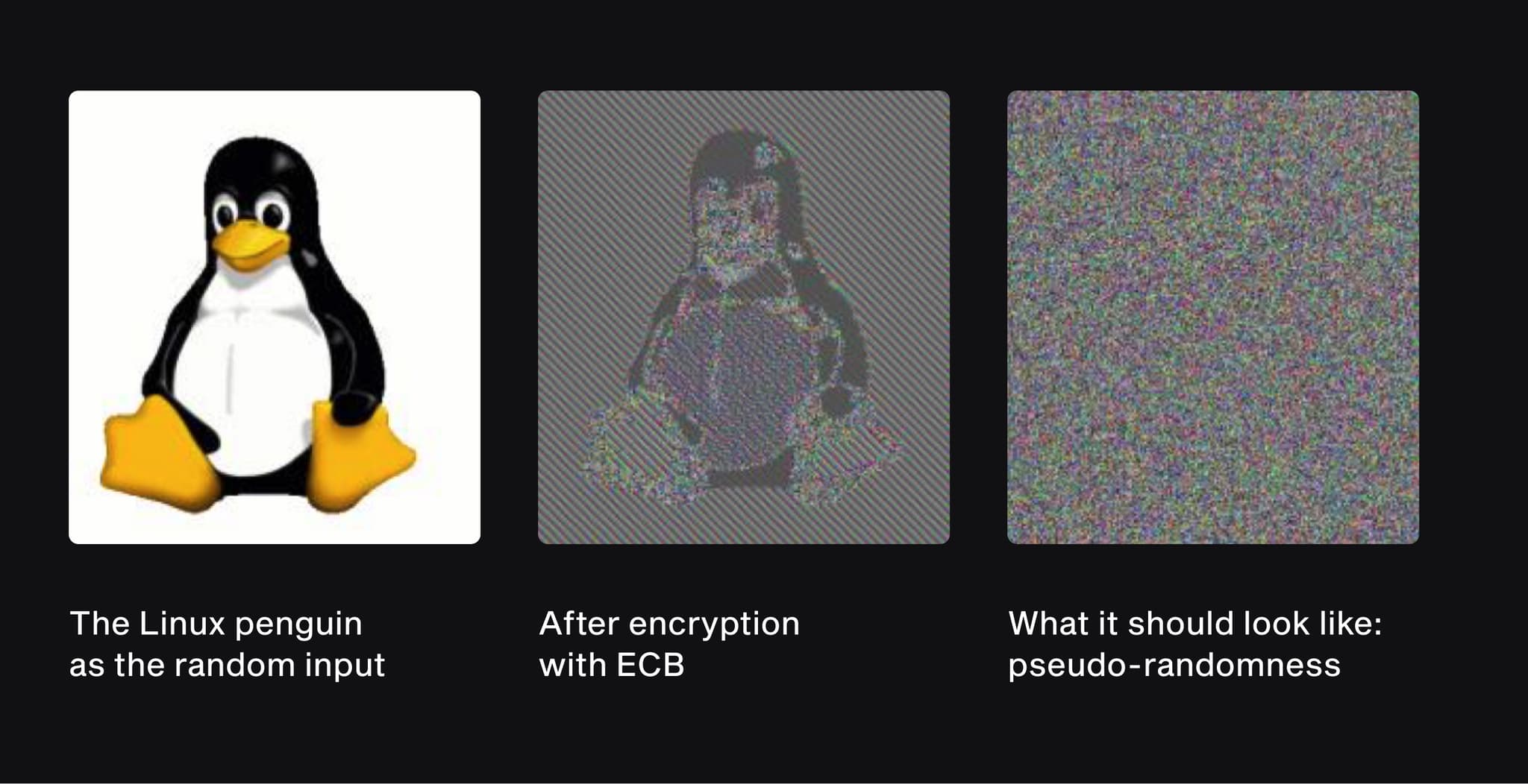 Linux penguin image before and after ECB encryption, still recognisable, beside true pseudo-random noise